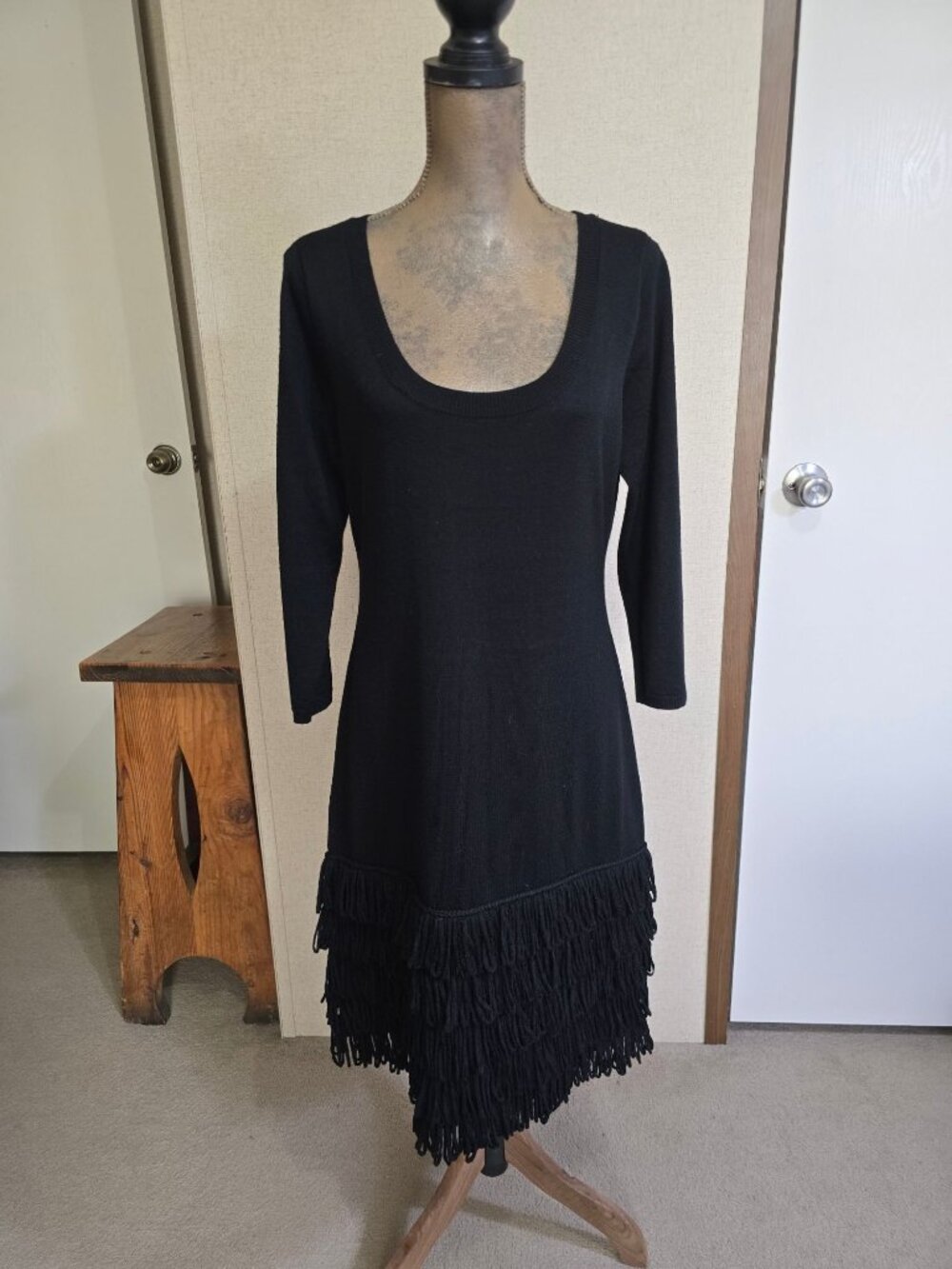 Soft Surroundings Medium Knit Fringe Black Sweater Dress Wool Blend